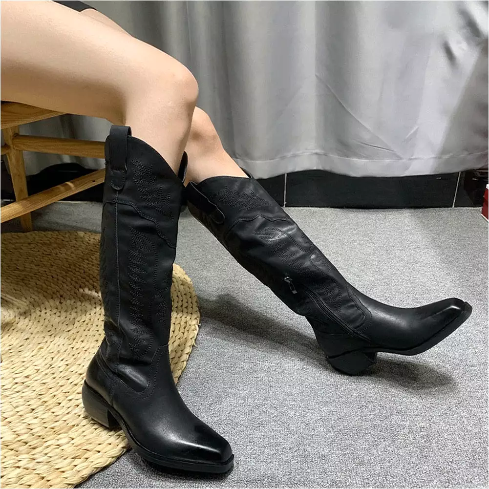 2023 Brand New High Heeled Knee High Women Boots Leather Western Pointed Toed Zipper Vintage Autumn Winter Shoes