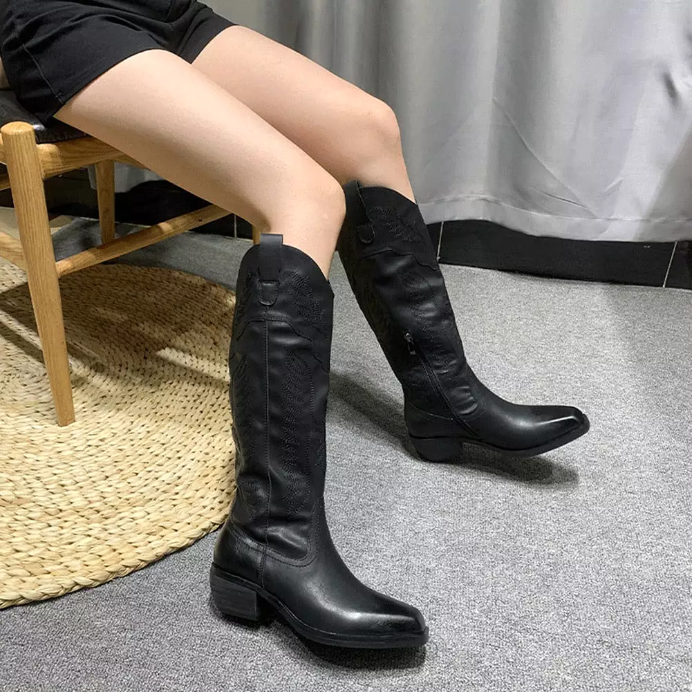 2023 Brand New High Heeled Knee High Women Boots Leather Western Pointed Toed Zipper Vintage Autumn Winter Shoes