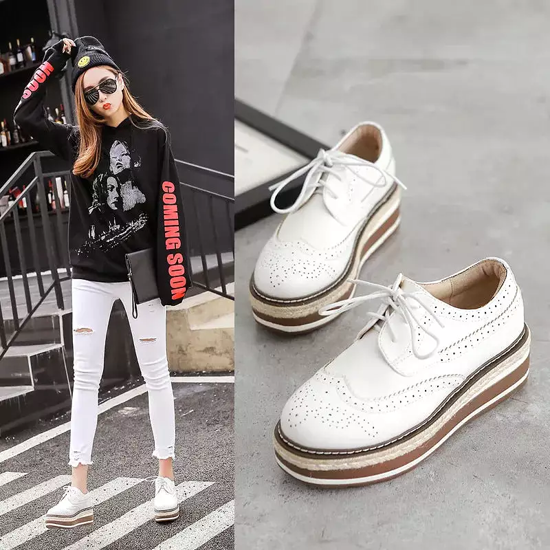 Ashore Shop Casual Oxford Shoes Women Platform Sneakers White Shoes