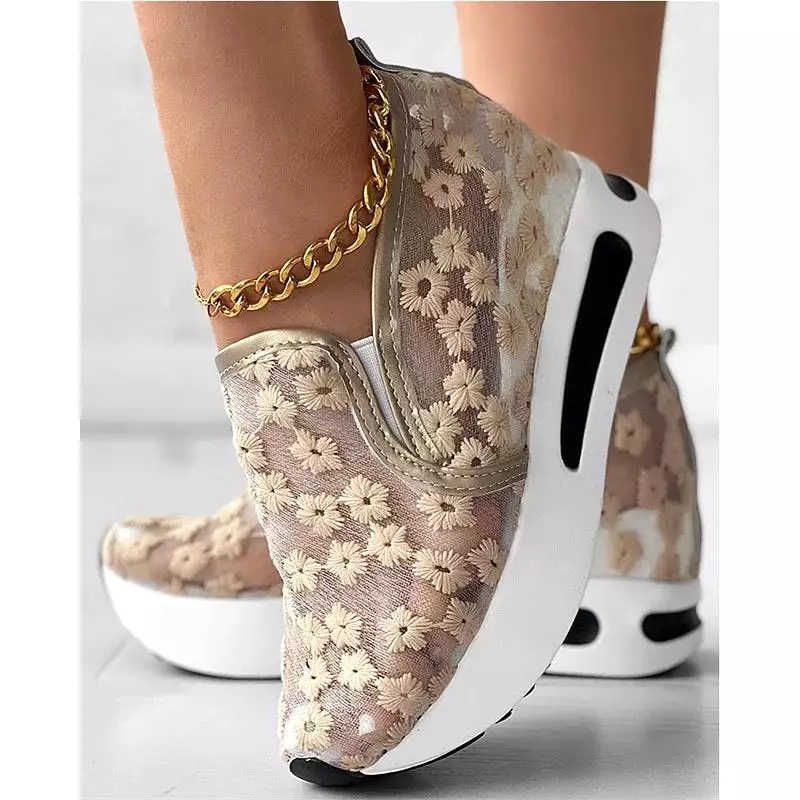 Ashore Shop womens Wedge Shoes Sequin Mesh Breathable Shoes Women Gold Silver Platform Sneakers