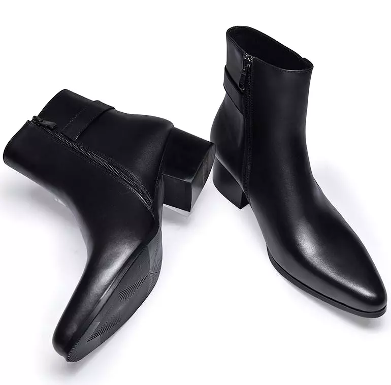 Autumn Winter Mens High Heel Genuine Leather Mid Boots Men Pointed Toe Zip Trendy Buckle 5cm Height increase Warm Chelsea Boots