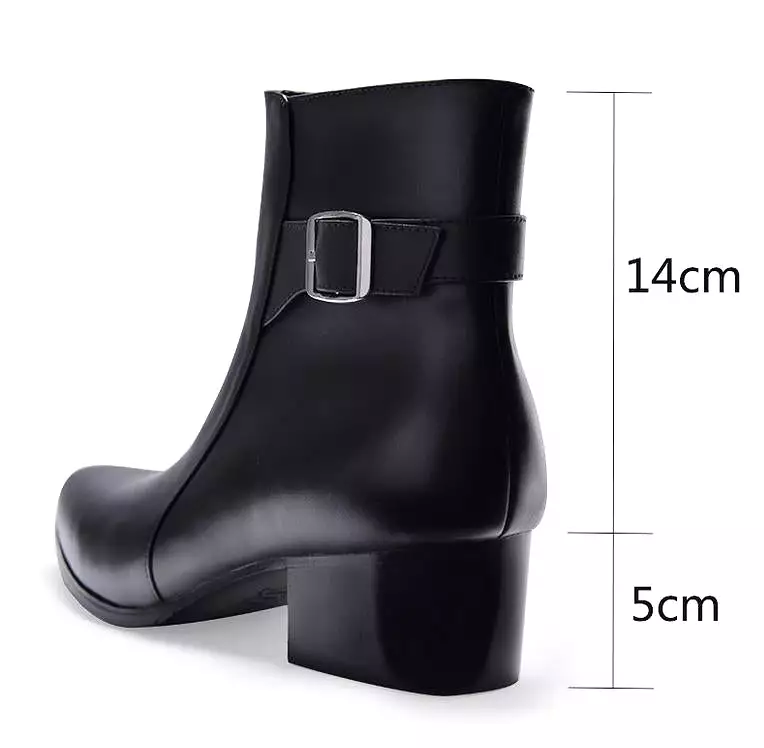 Autumn Winter Mens High Heel Genuine Leather Mid Boots Men Pointed Toe Zip Trendy Buckle 5cm Height increase Warm Chelsea Boots