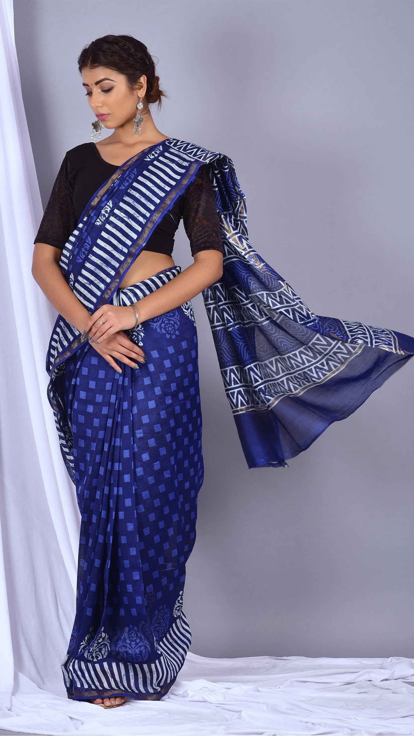 Beautifully Hand carfted Chanderi Indigo Saree (INDCH10)