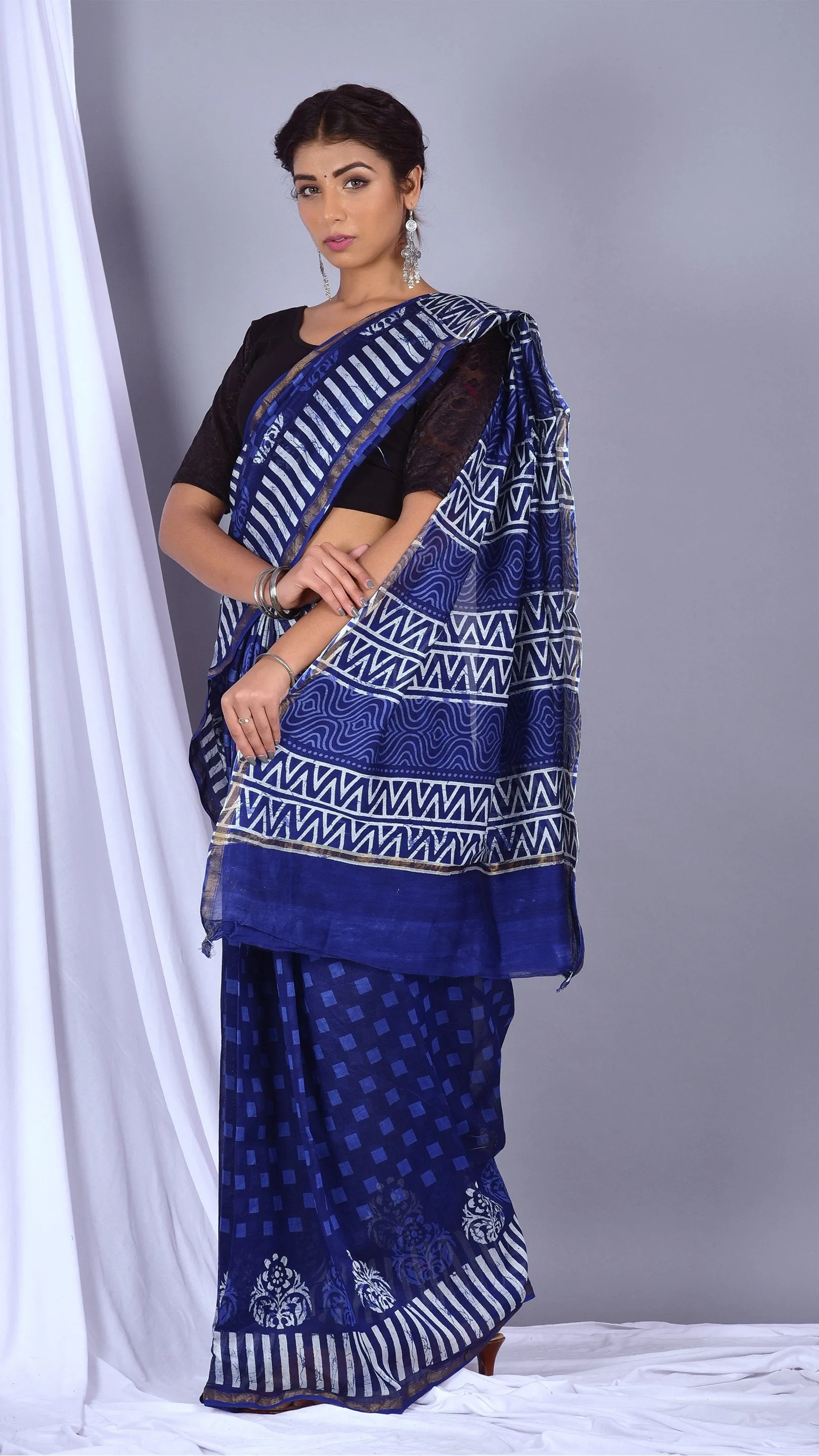 Beautifully Hand carfted Chanderi Indigo Saree (INDCH10)