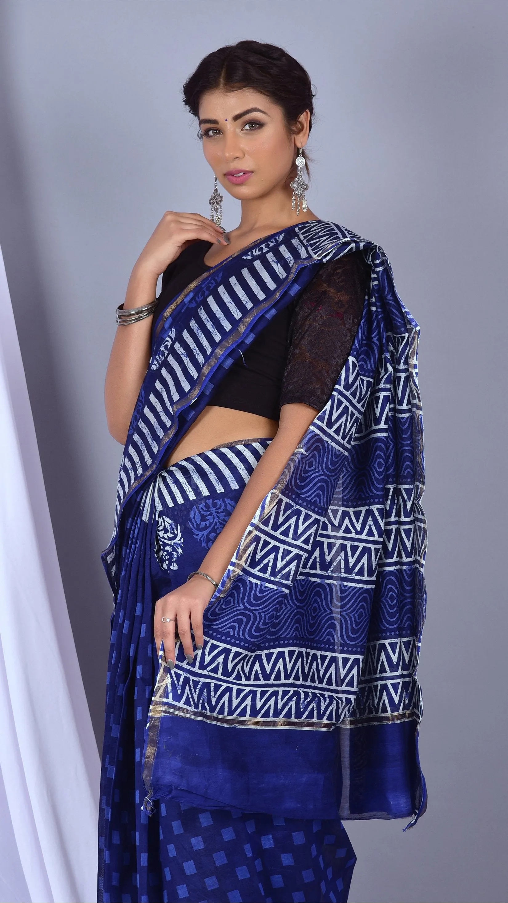 Beautifully Hand carfted Chanderi Indigo Saree (INDCH10)