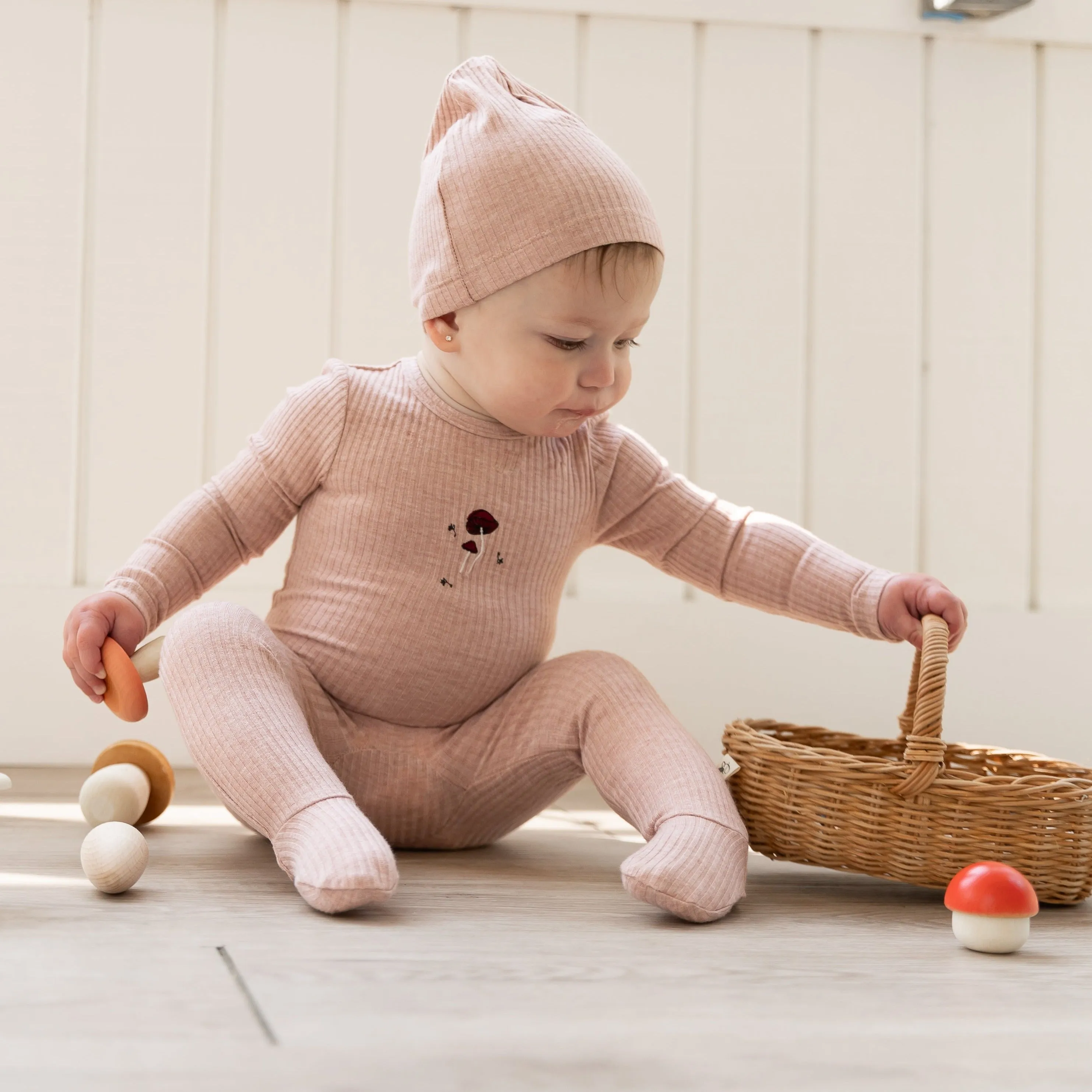 Bebe Bella Cream Mushroom Embroidery Ribbed Stretchie and Beanie