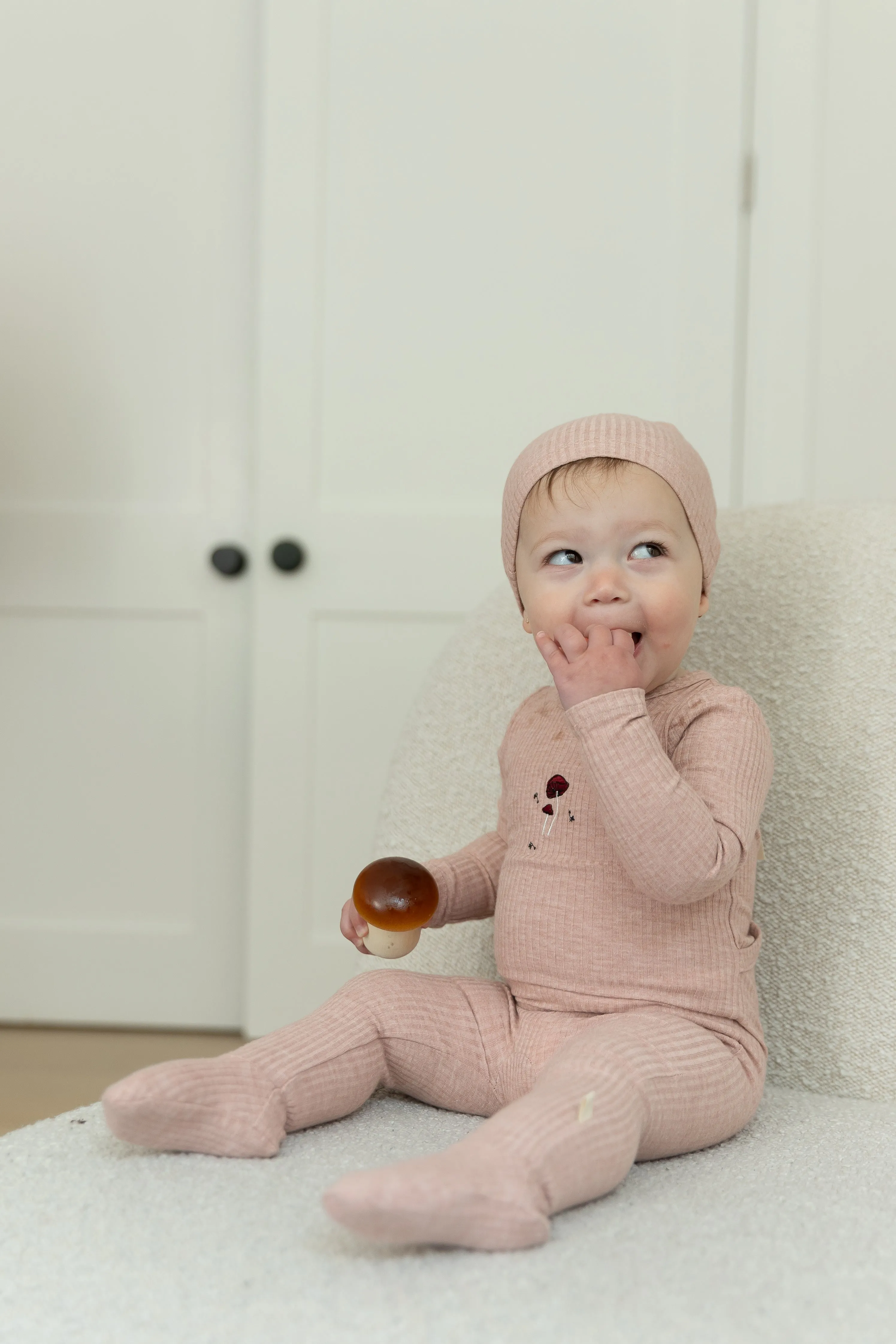 Bebe Bella Cream Mushroom Embroidery Ribbed Stretchie and Beanie