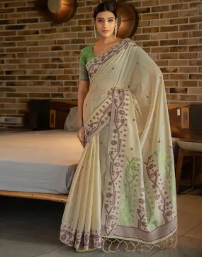 Beige Cotton Woven Sarees