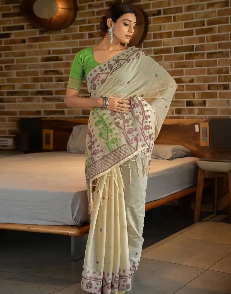 Beige Cotton Woven Sarees