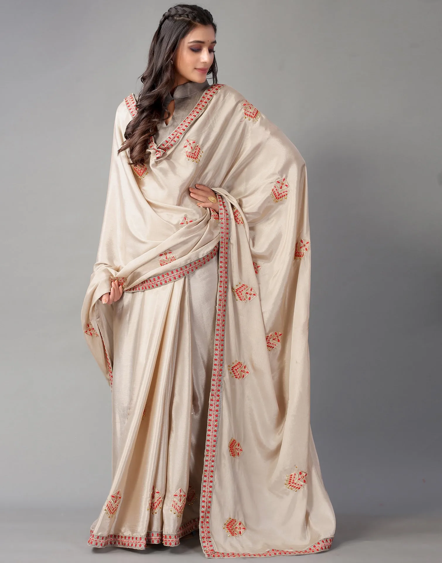 Beige Embroidery Saree