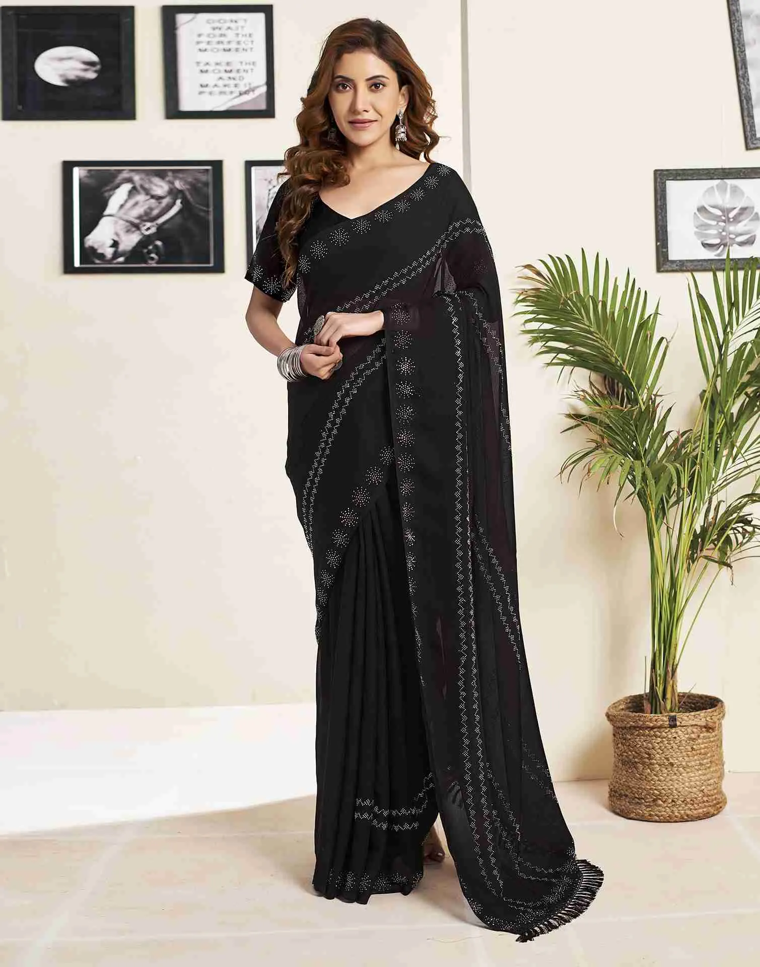 Black Georgette Plain Printed Saree