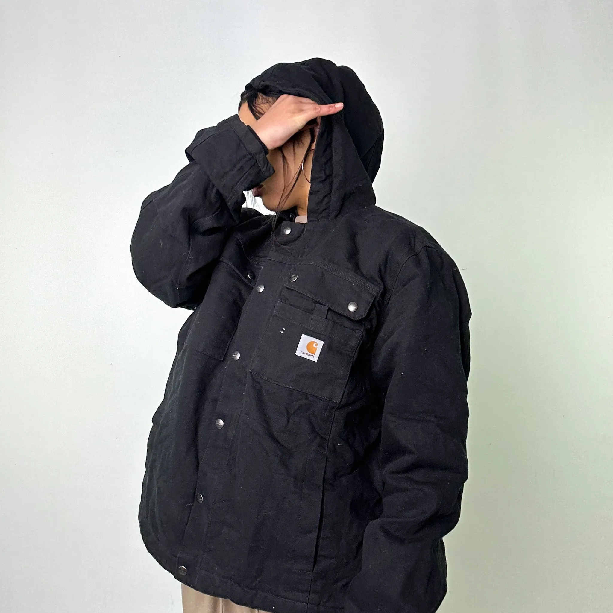 Black Vintage Carhartt Sherpa Lined Arctic Deadstock Workwear Jacket Coat (M)