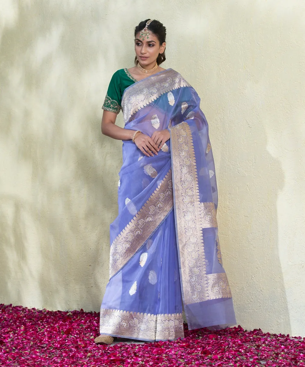 Blue Handloom Organza Banarasi Saree with Kadhwa Leaf Booti