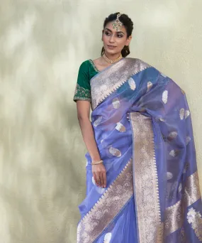 Blue Handloom Organza Banarasi Saree with Kadhwa Leaf Booti