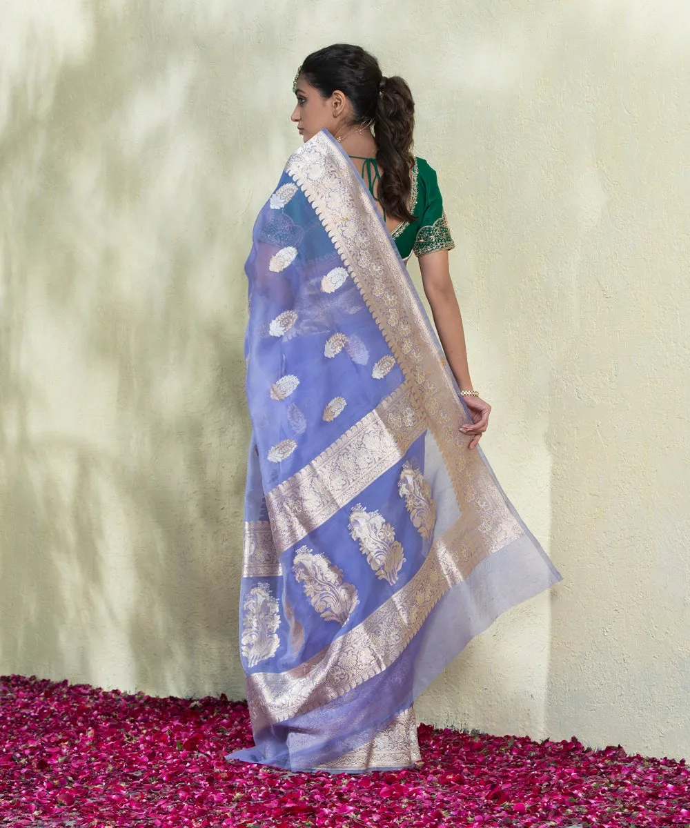 Blue Handloom Organza Banarasi Saree with Kadhwa Leaf Booti