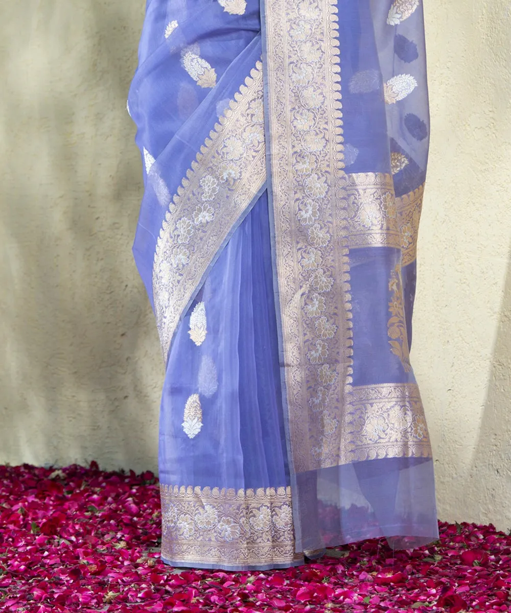 Blue Handloom Organza Banarasi Saree with Kadhwa Leaf Booti