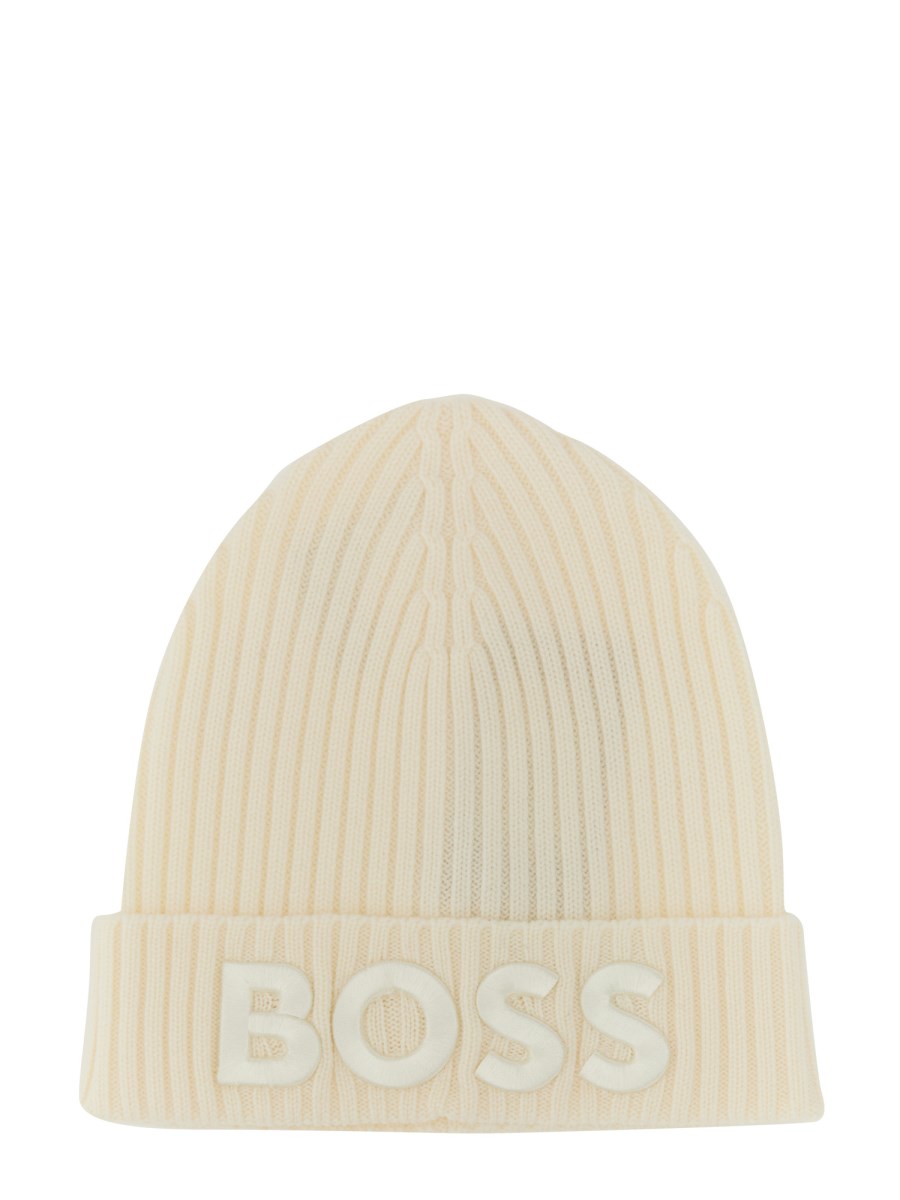 BOSS    RIBBED VIRGIN WOOL BEANIE WITH EMBROIDERED LOGO