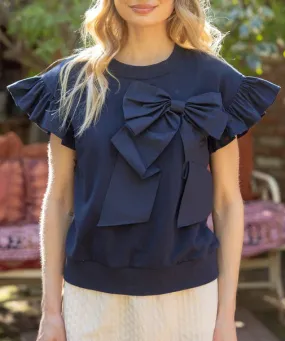 Bow Ruffle Sleeve Top - Navy