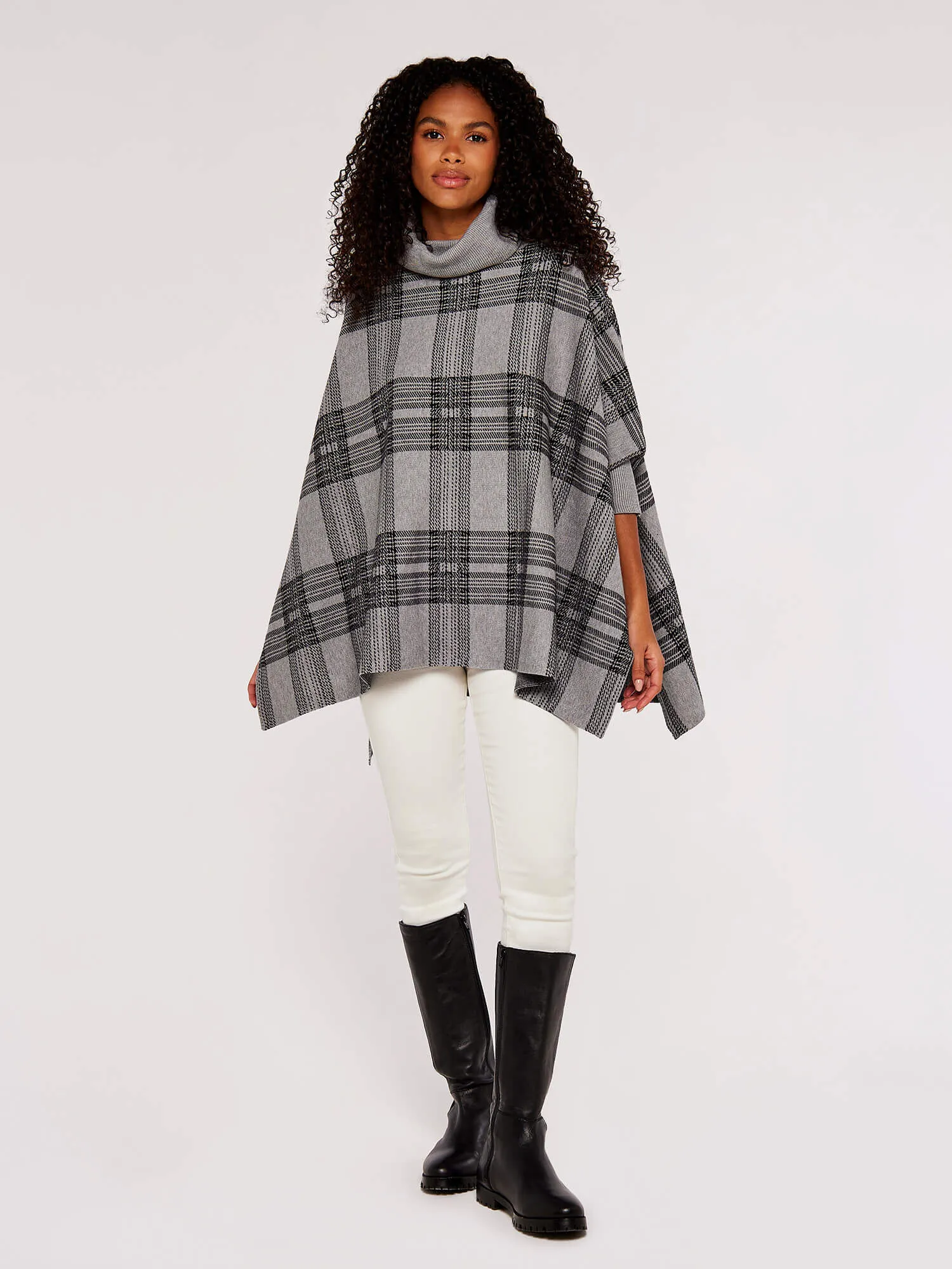 Check Roll Neck Knitted Poncho | Apricot Clothing