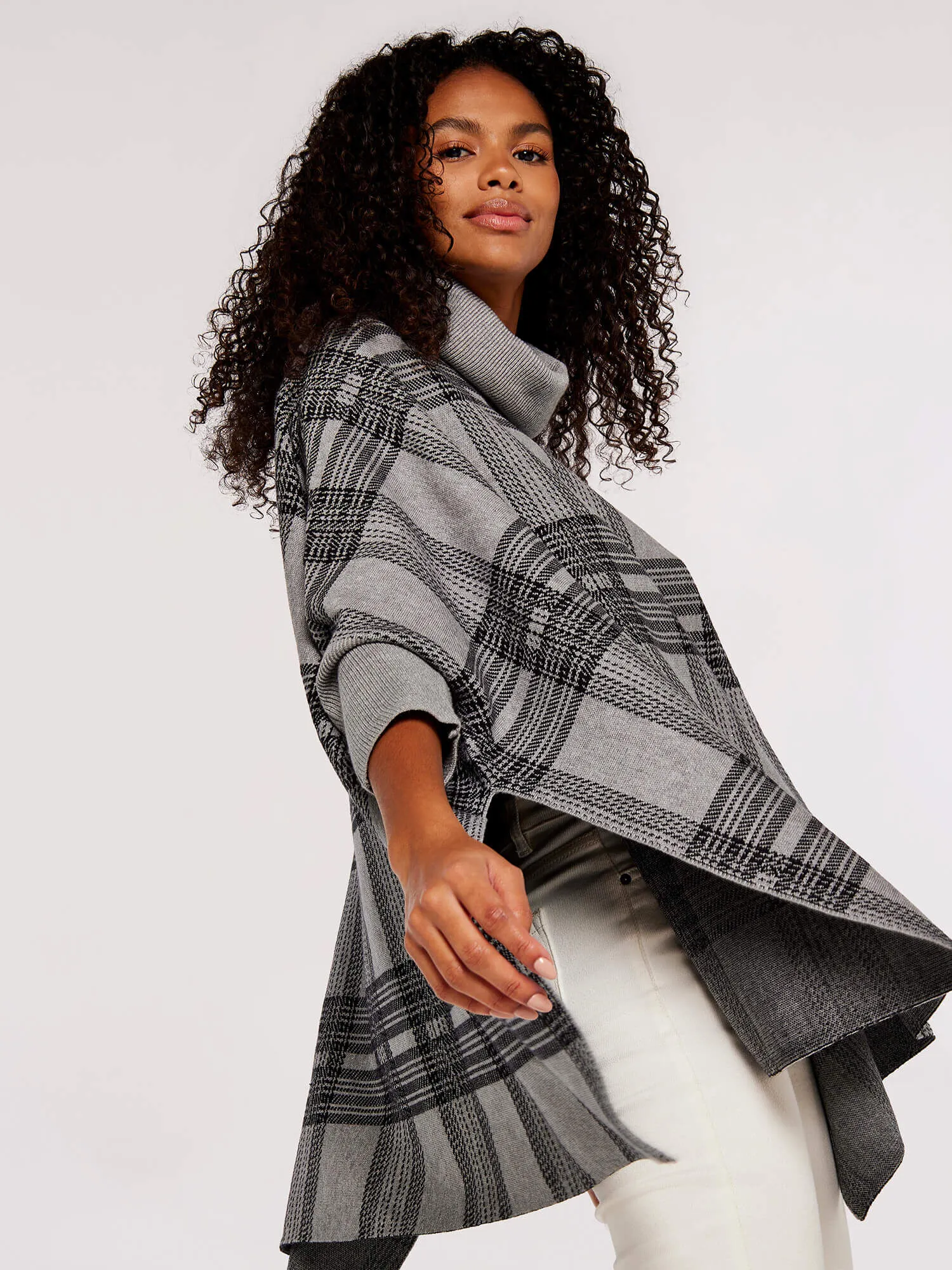 Check Roll Neck Knitted Poncho | Apricot Clothing