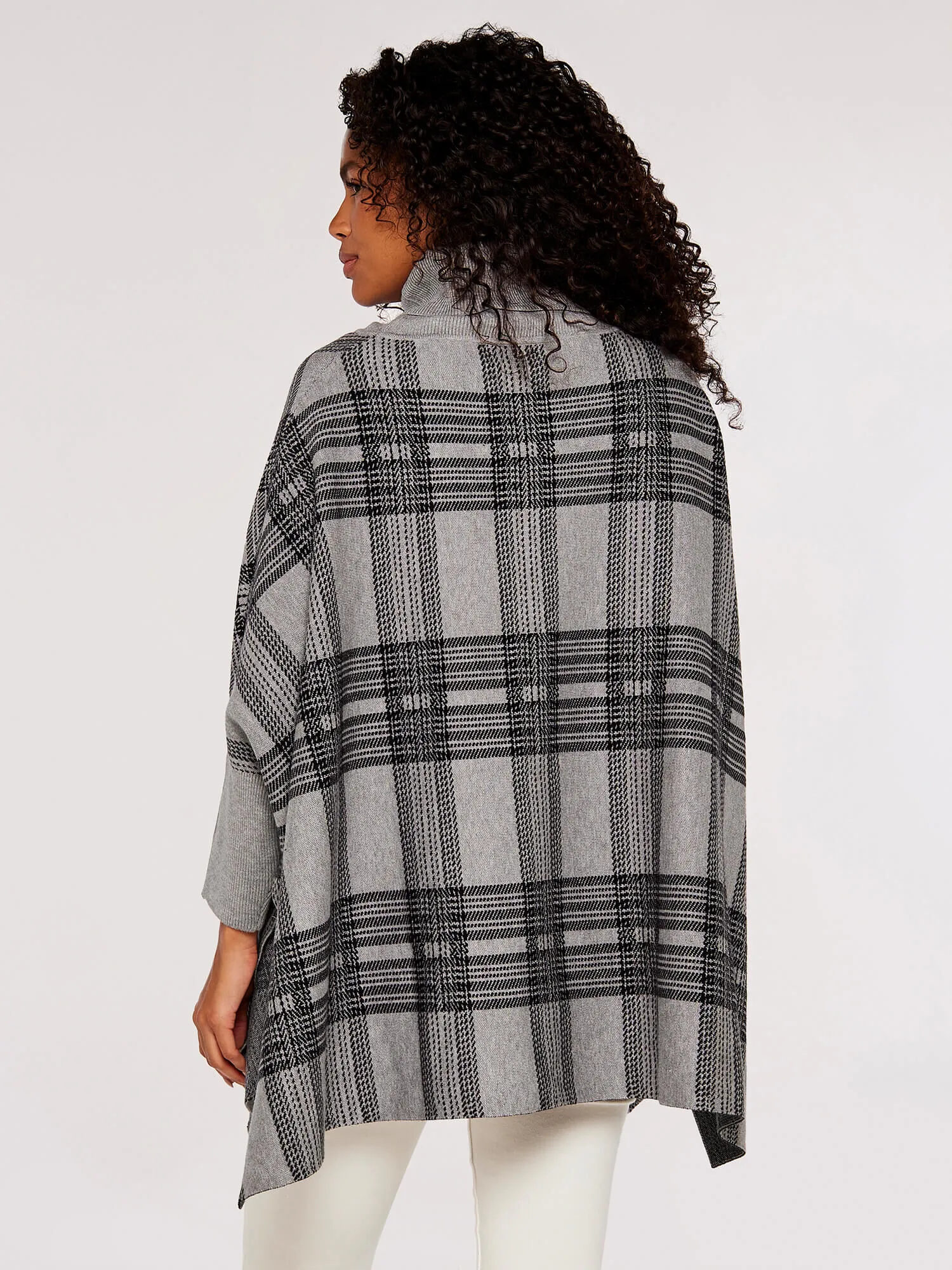 Check Roll Neck Knitted Poncho | Apricot Clothing