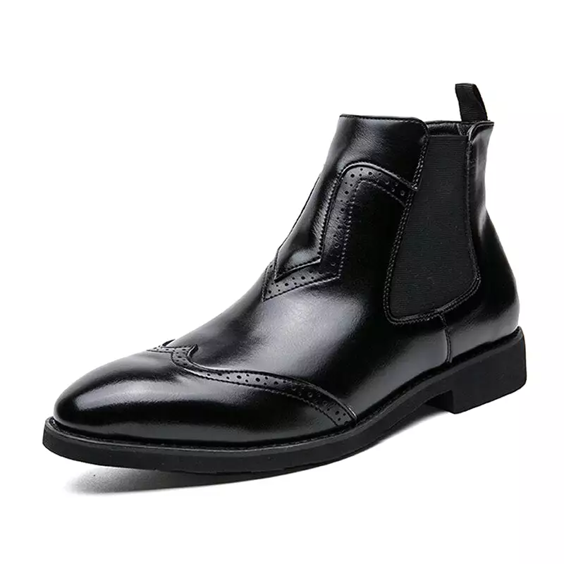 Chelsea Boots Men Big Size Leather Brogues Pointed Toe Formal Shoes Slip on Dress Shoes British Style Long Boots Rubber Outsole