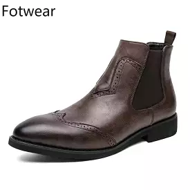 Chelsea Boots Men Big Size Leather Brogues Pointed Toe Formal Shoes Slip on Dress Shoes British Style Long Boots Rubber Outsole