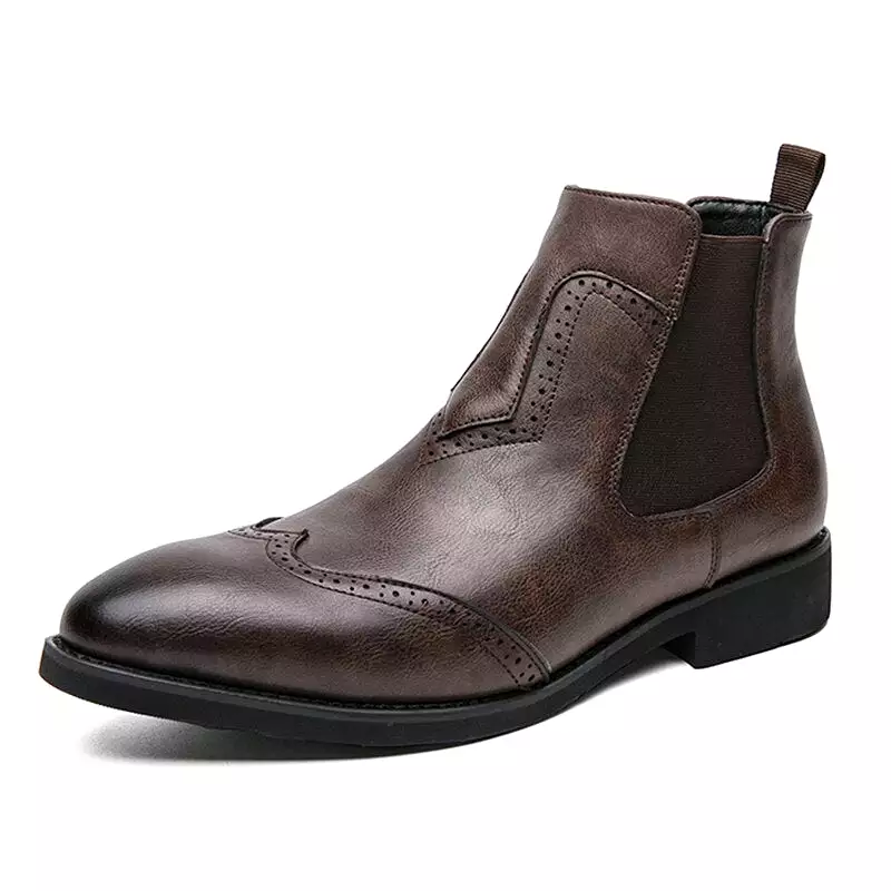 Chelsea Boots Men Big Size Leather Brogues Pointed Toe Formal Shoes Slip on Dress Shoes British Style Long Boots Rubber Outsole