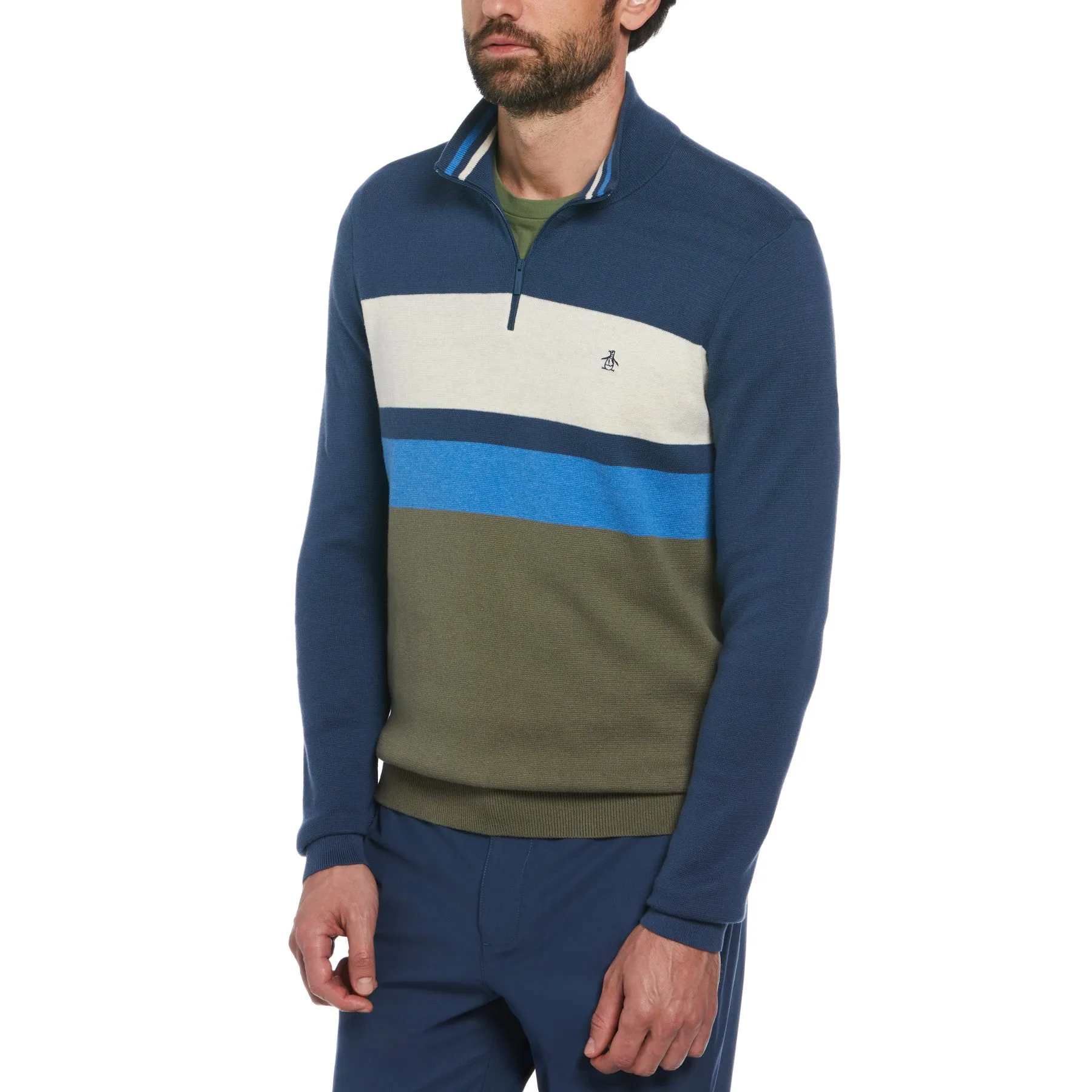 Chest Stripe 1/4 Zip Sweater In Dusty Olive