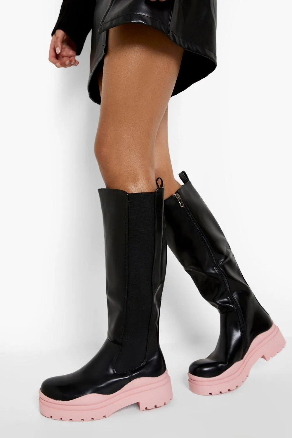 Chunky Contrast Sole Knee High Chelsea Boots