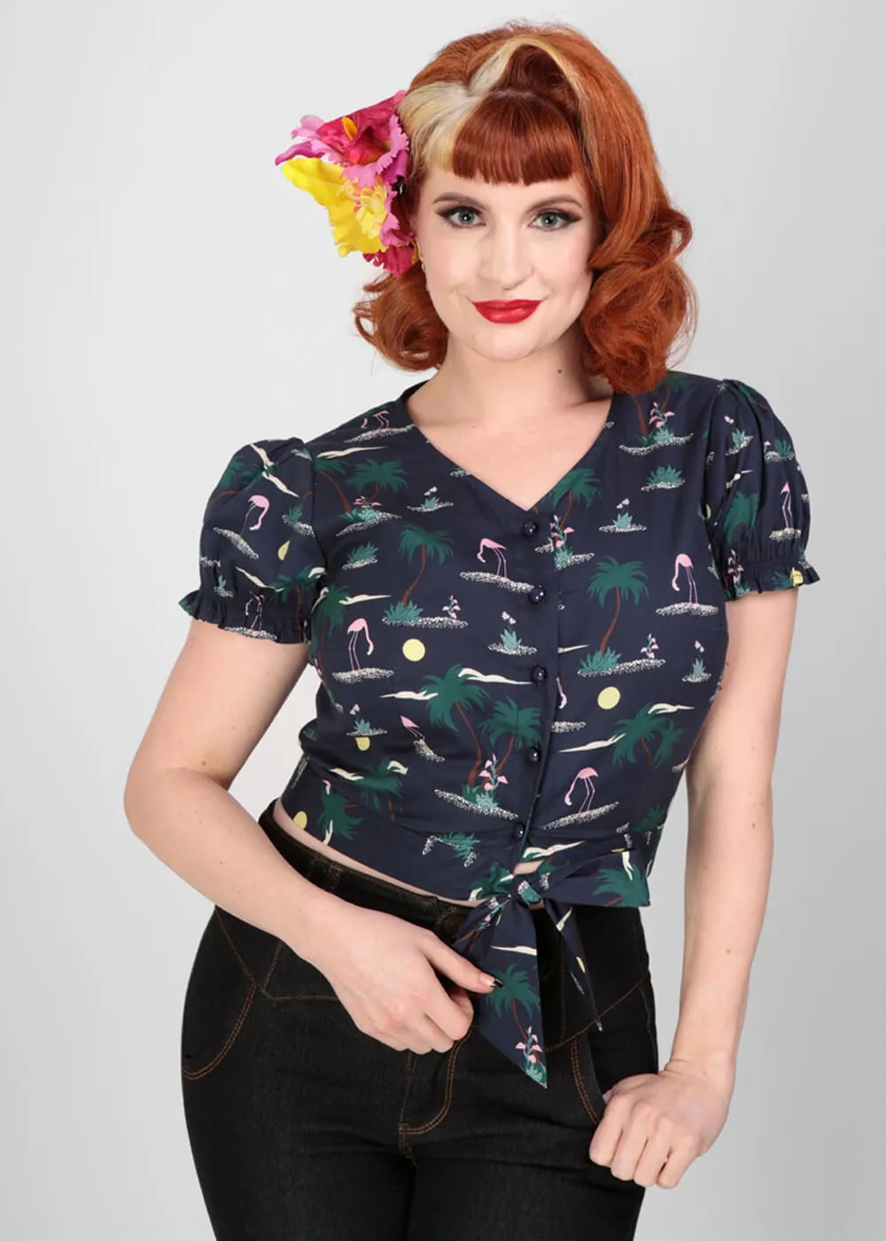 Collectif Misty Flamingo Palm 50's Blouse Navy