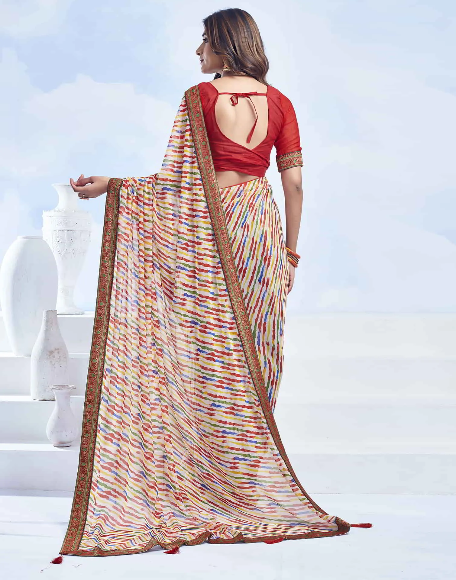 Cream Printed Chiffon Leheriya Saree