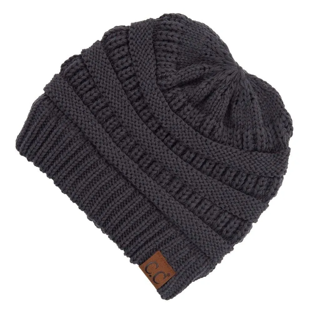 Dark Melange Gray C.C  Beanie Featuring Criss-Cross Ponytail Detail