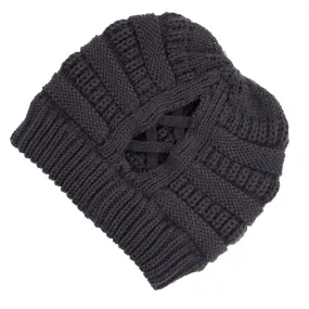 Dark Melange Gray C.C  Beanie Featuring Criss-Cross Ponytail Detail