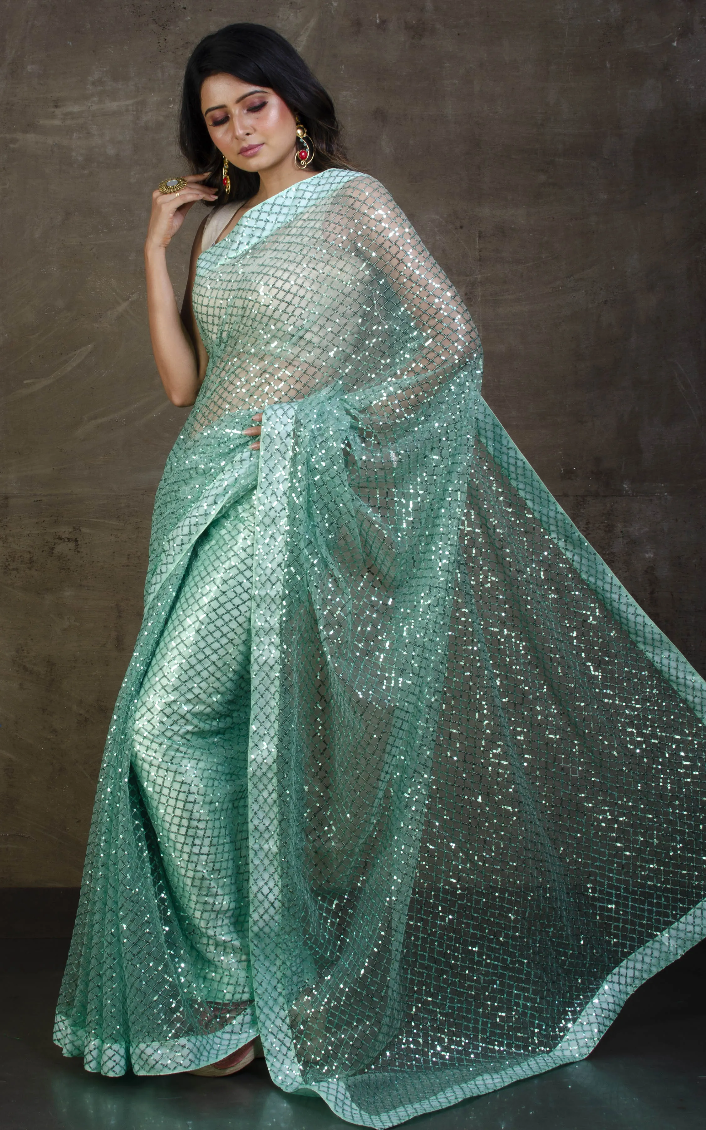 Designer Italian Net with Sequin Woven Bollywood Sarees in Mint Green