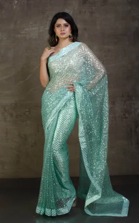 Designer Italian Net with Sequin Woven Bollywood Sarees in Mint Green