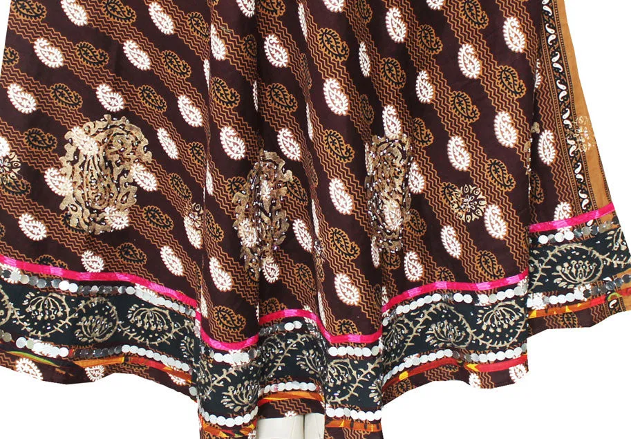 Designer Long Indian Skirt Cotton Block Printed Womens India Clothing (Brown)