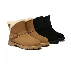 EVERAU UGG Women Sheepskin Wool Buckle Decor Ankle Boots Polarwalk