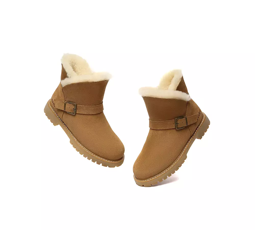 EVERAU UGG Women Sheepskin Wool Buckle Decor Ankle Boots Polarwalk