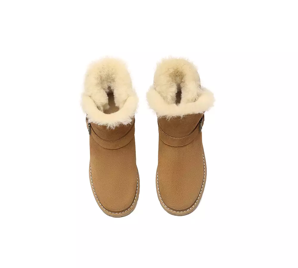 EVERAU UGG Women Sheepskin Wool Buckle Decor Ankle Boots Polarwalk