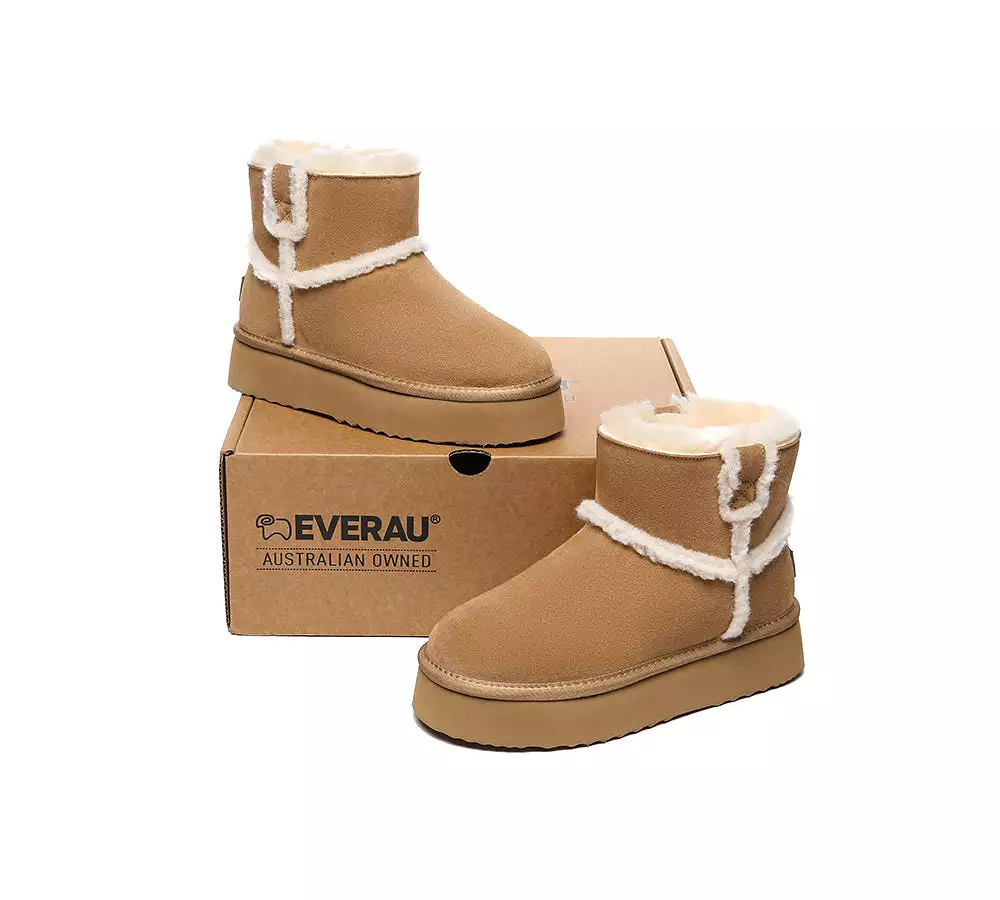 EVERAU UGG Women Sheepskin Wool Shearling Lined Ankle Boots Schunck Platform