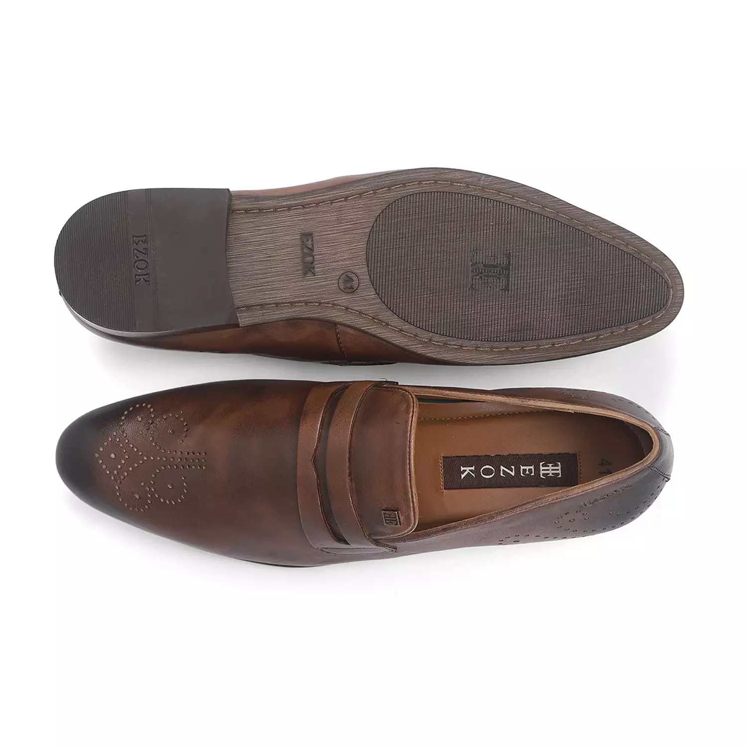 Ezok Men Brown Slip-On Formal Penny Loafers With Perforated Toe Shoes