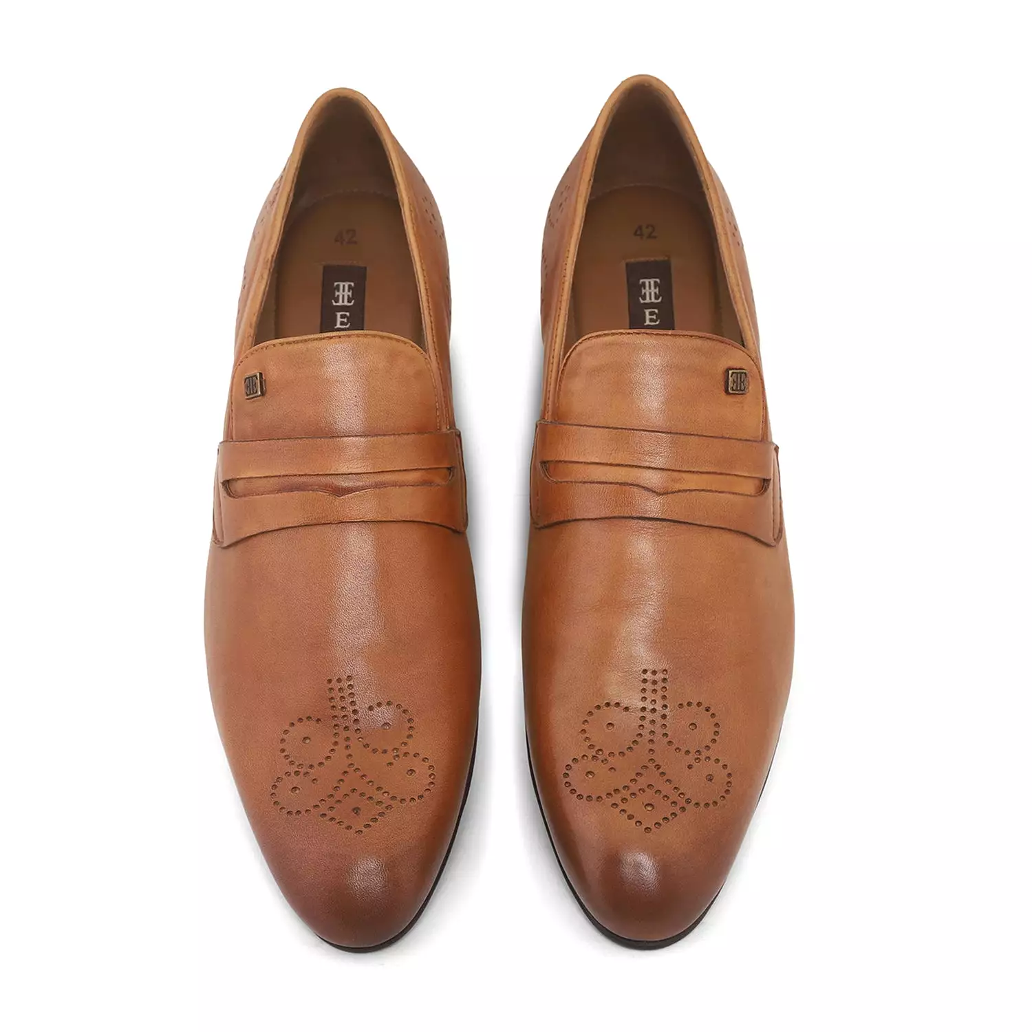 Ezok Men Tan Slip-On Formal Penny Loafers With Perforated Toe Shoes