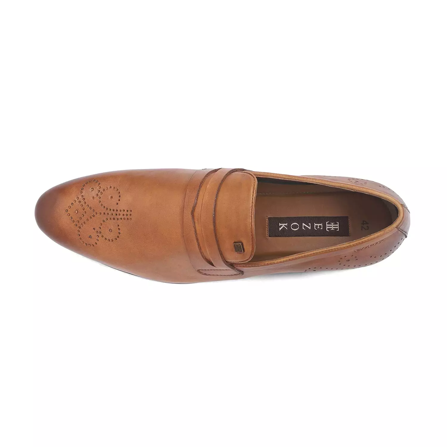 Ezok Men Tan Slip-On Formal Penny Loafers With Perforated Toe Shoes