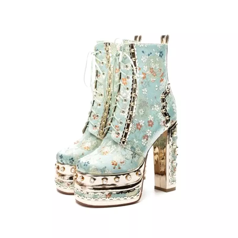 Floral High Heel Platforms Boots