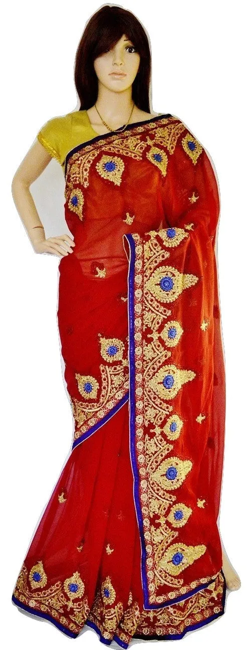 Gorgeous Cherry Red ,Purple & Gold Party Saree