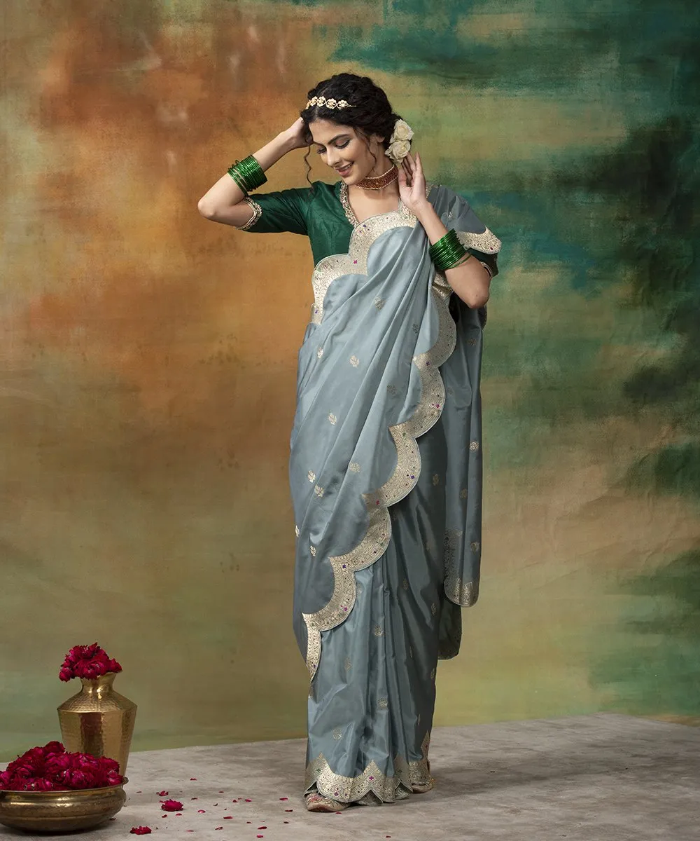 Grey Handloom Katan Silk Scallop Border Banarasi Saree With Meenakari