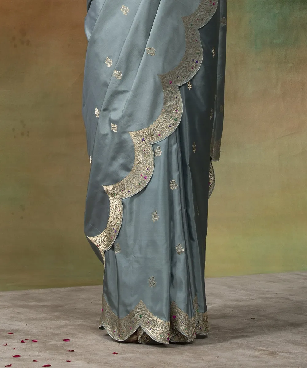 Grey Handloom Katan Silk Scallop Border Banarasi Saree With Meenakari