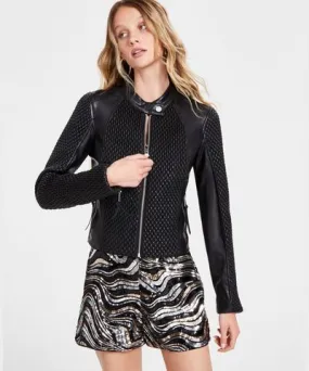 Guess Women's Rivers Textured Zippered Moto Jacket