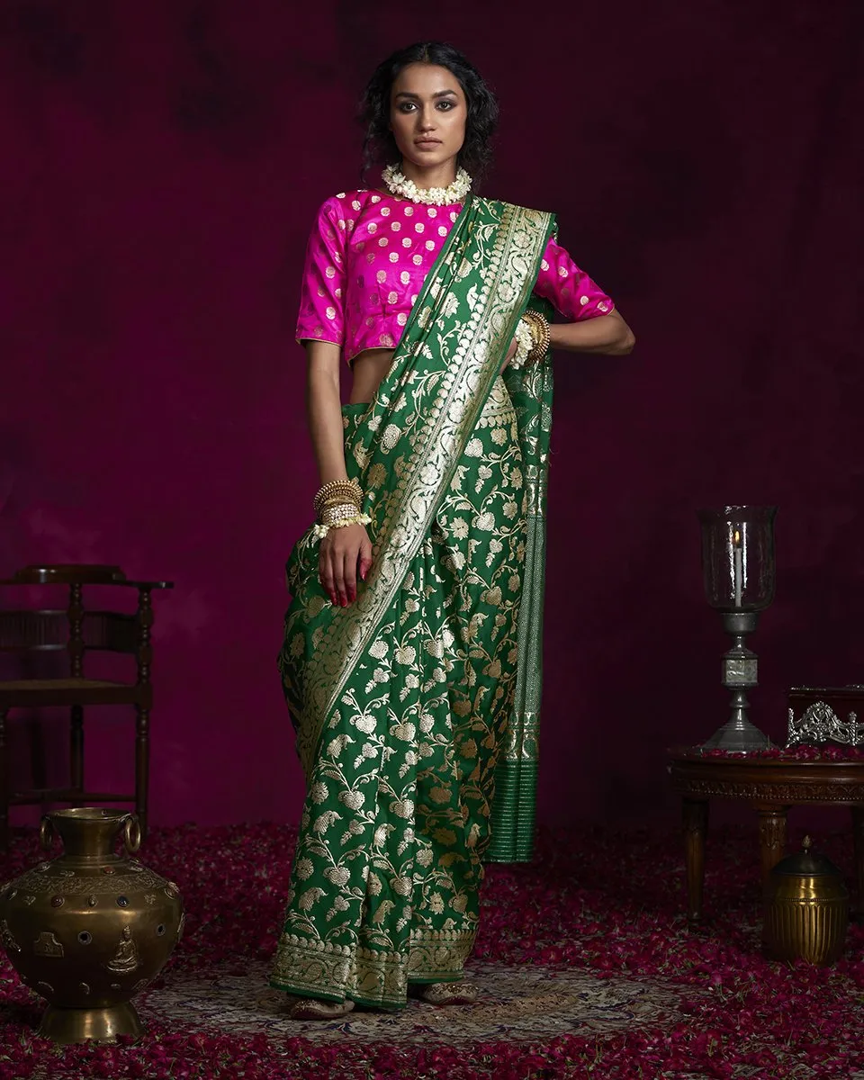 Handloom Green Katan Silk Kadhwa Banarasi Saree with all over zari Jaal